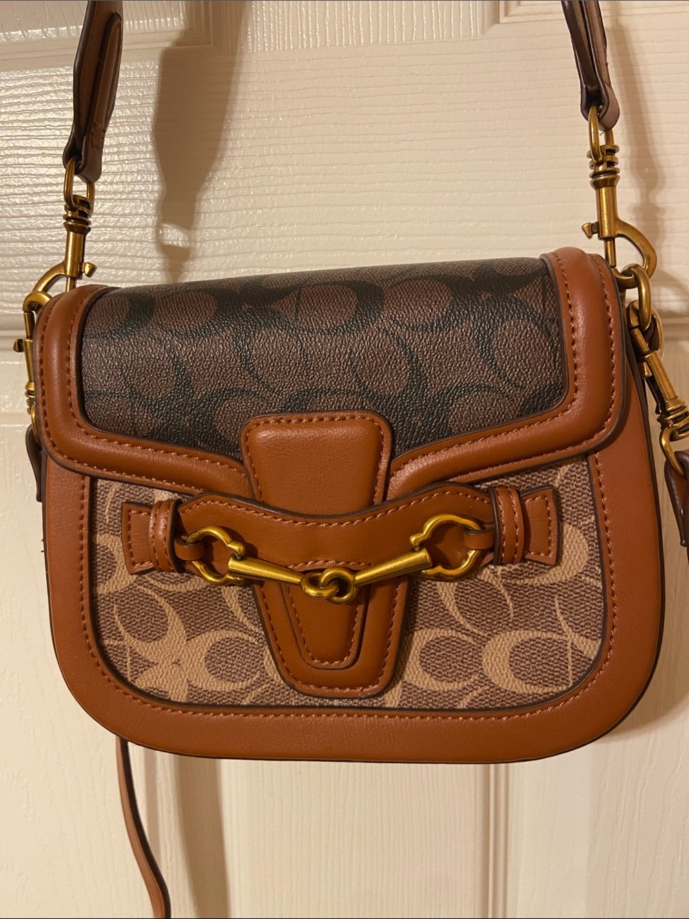 Brown Signature look Crossbody with Tan Leather & Gold Hardware